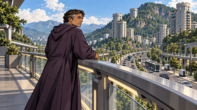 Gladias on a skybridge above the green, futuristic city of Meldan